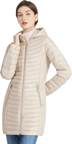 ANOTHER CHOICE Women Ultralightweight Down Coat Winter Puffer Jacket with Detachable Hood Stretchy Panel Rollable, Ivory White, Medium