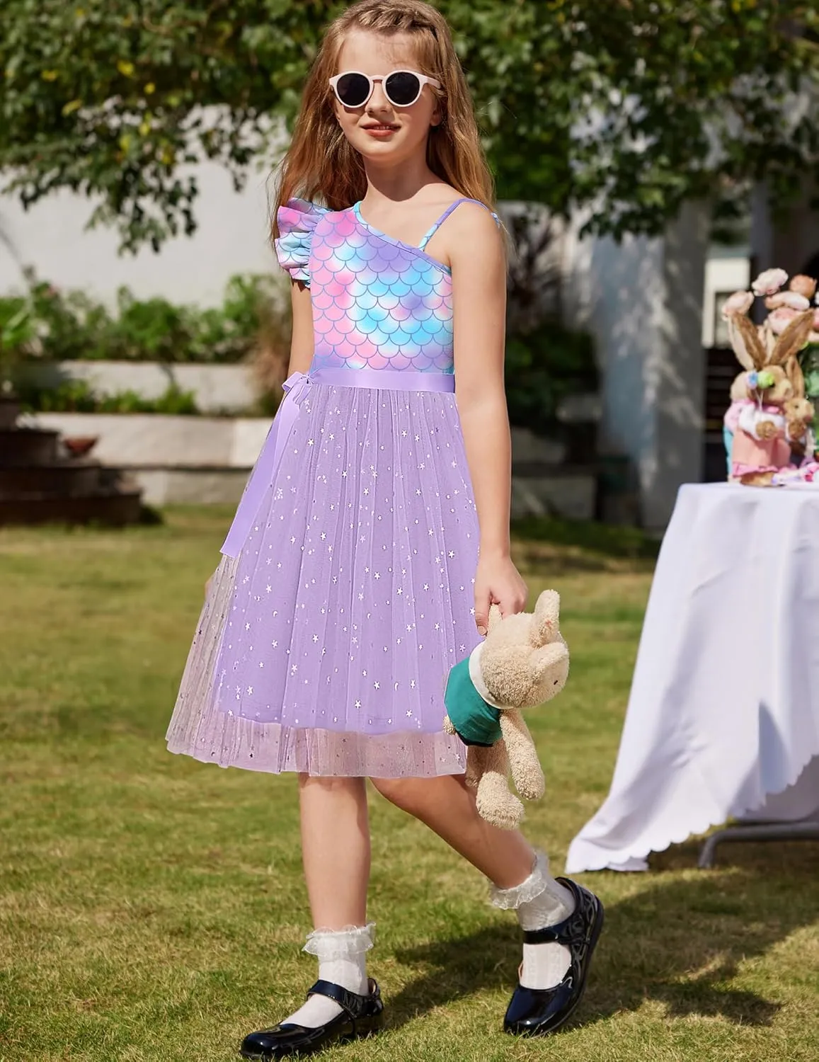Arshiner Girls Dresses One Shoulder Ruffle Formal Tulle Dress