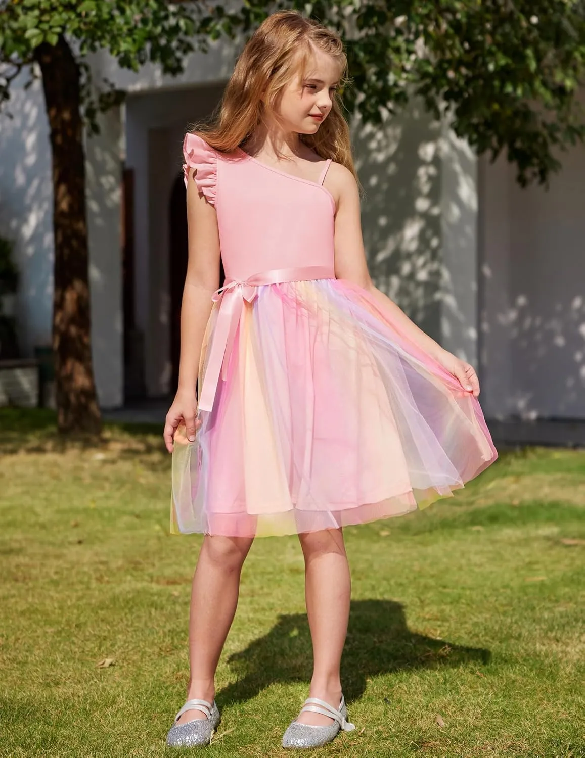 Arshiner Girls Dresses One Shoulder Ruffle Formal Tulle Dress