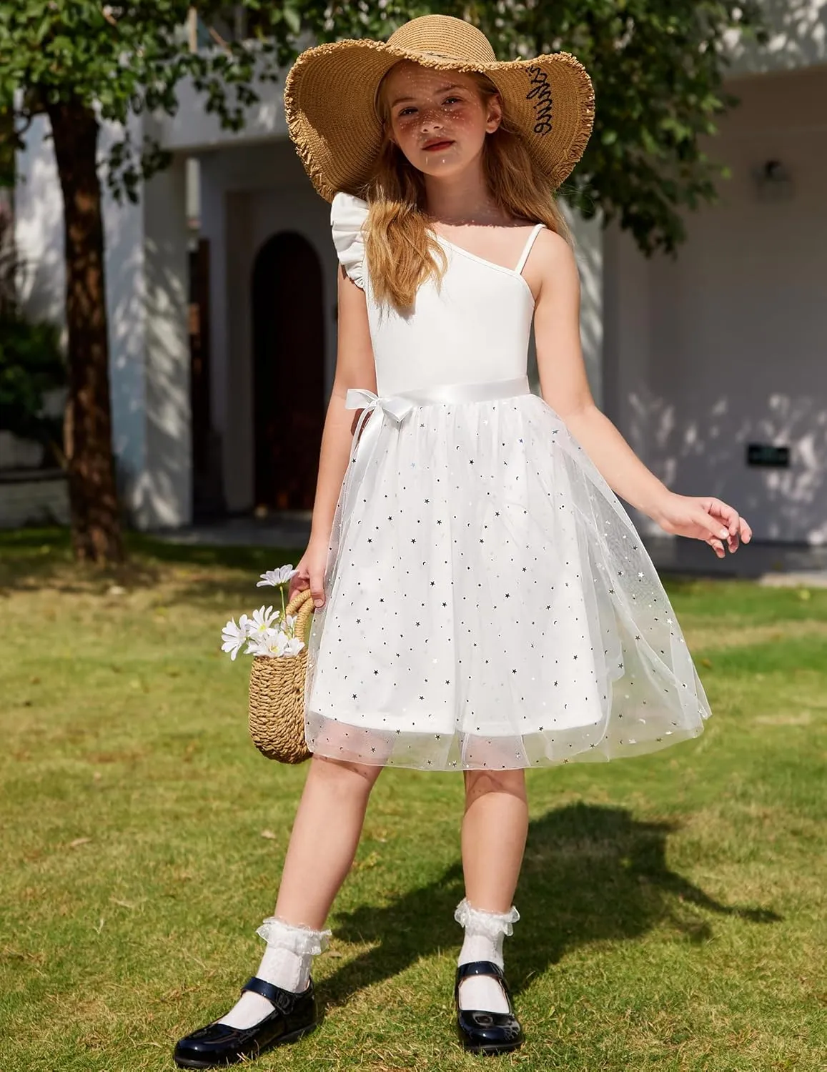 Arshiner Girls Dresses One Shoulder Ruffle Formal Tulle Dress