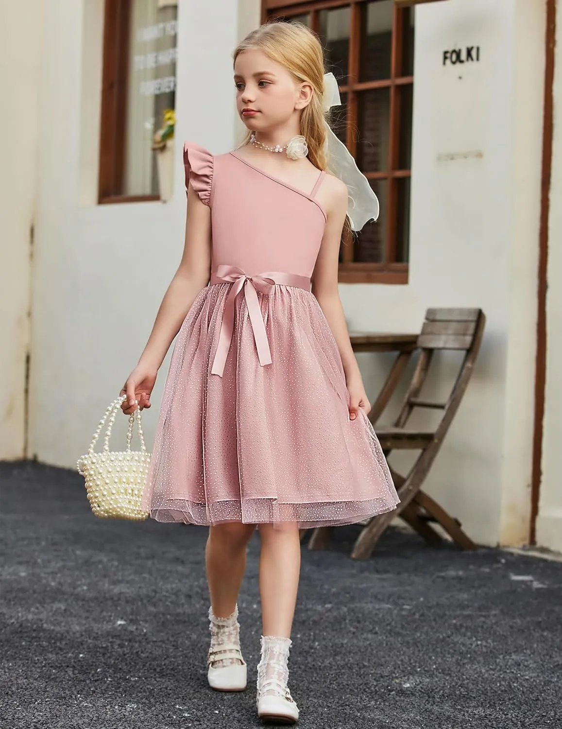 Arshiner Girls Dresses One Shoulder Ruffle Formal Tulle Dress