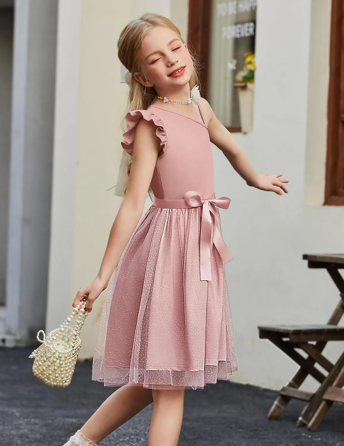 Arshiner Girls Dresses One Shoulder Ruffle Formal Tulle Dress