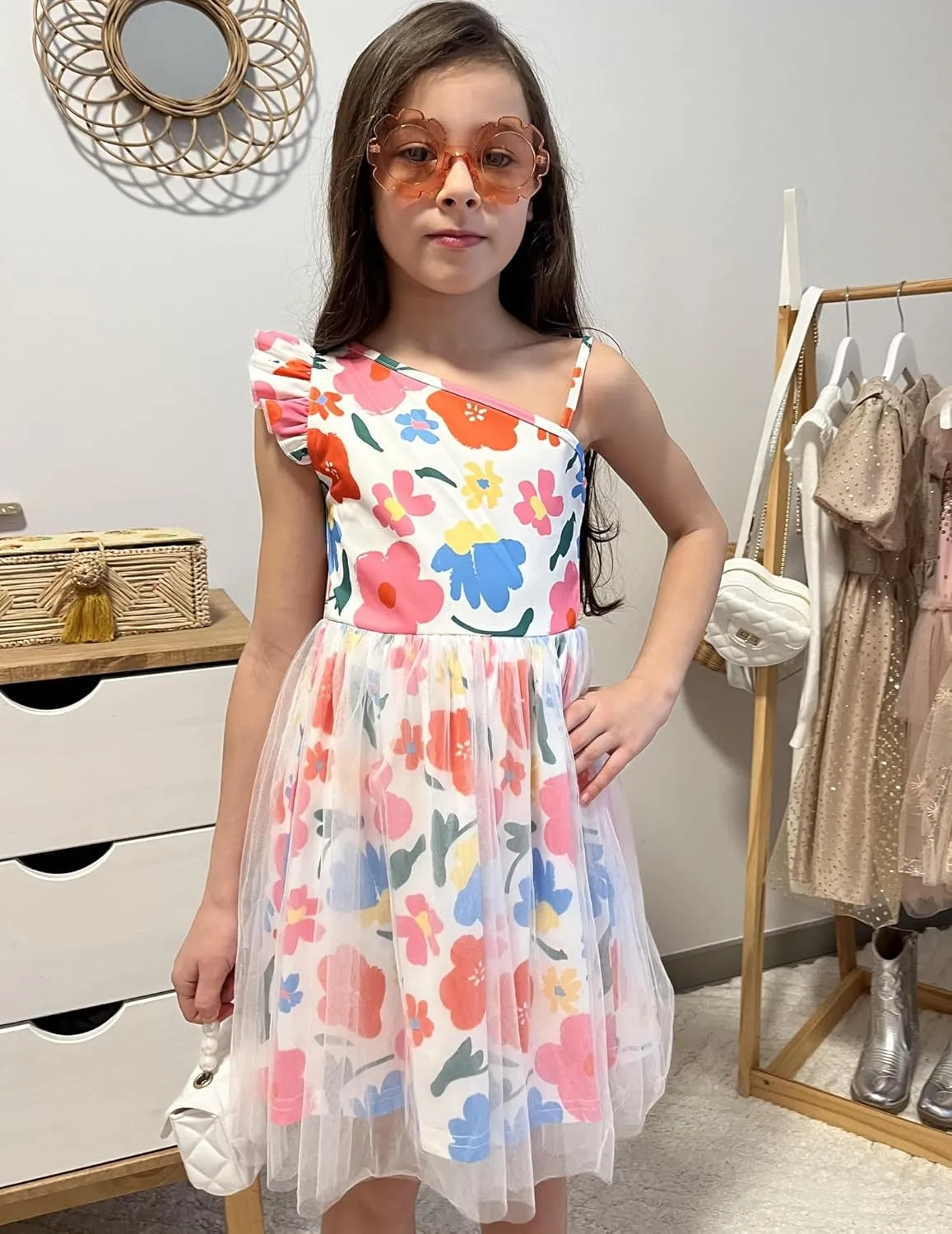 Arshiner Girls Dresses One Shoulder Ruffle Formal Tulle Dress