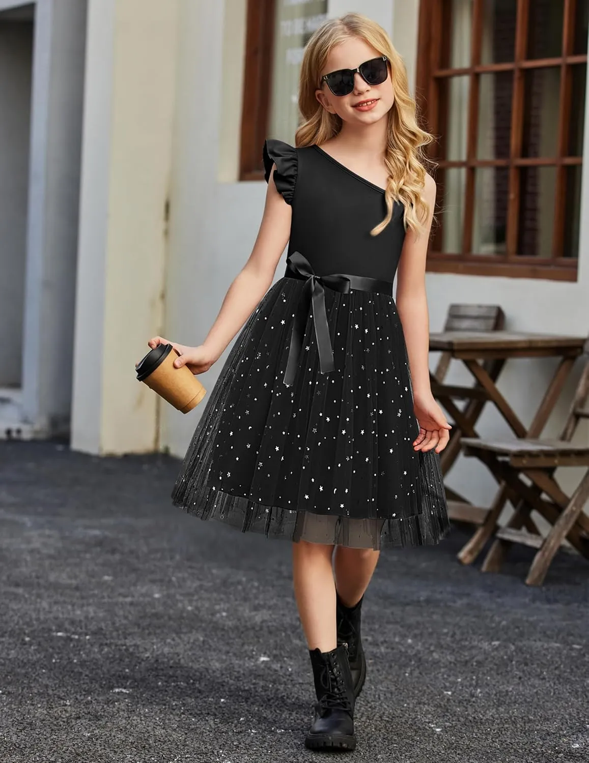 Arshiner Girls Dresses One Shoulder Ruffle Formal Tulle Dress