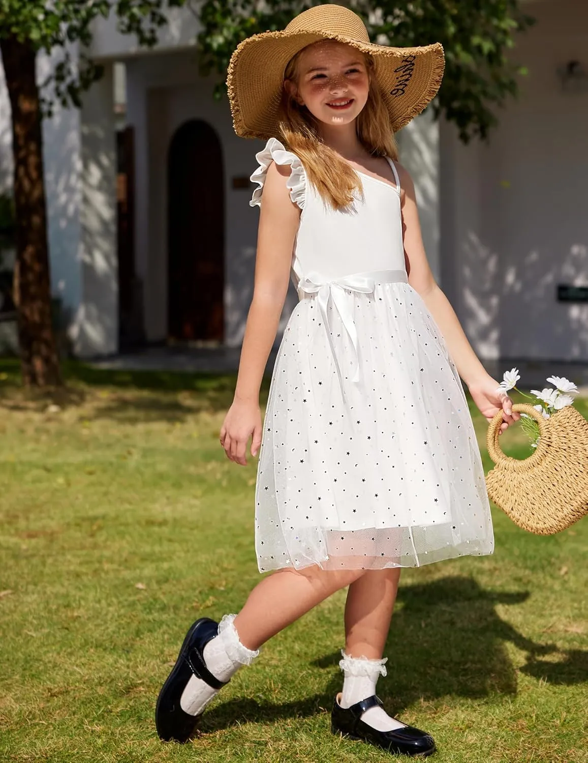 Arshiner Girls Dresses One Shoulder Ruffle Formal Tulle Dress