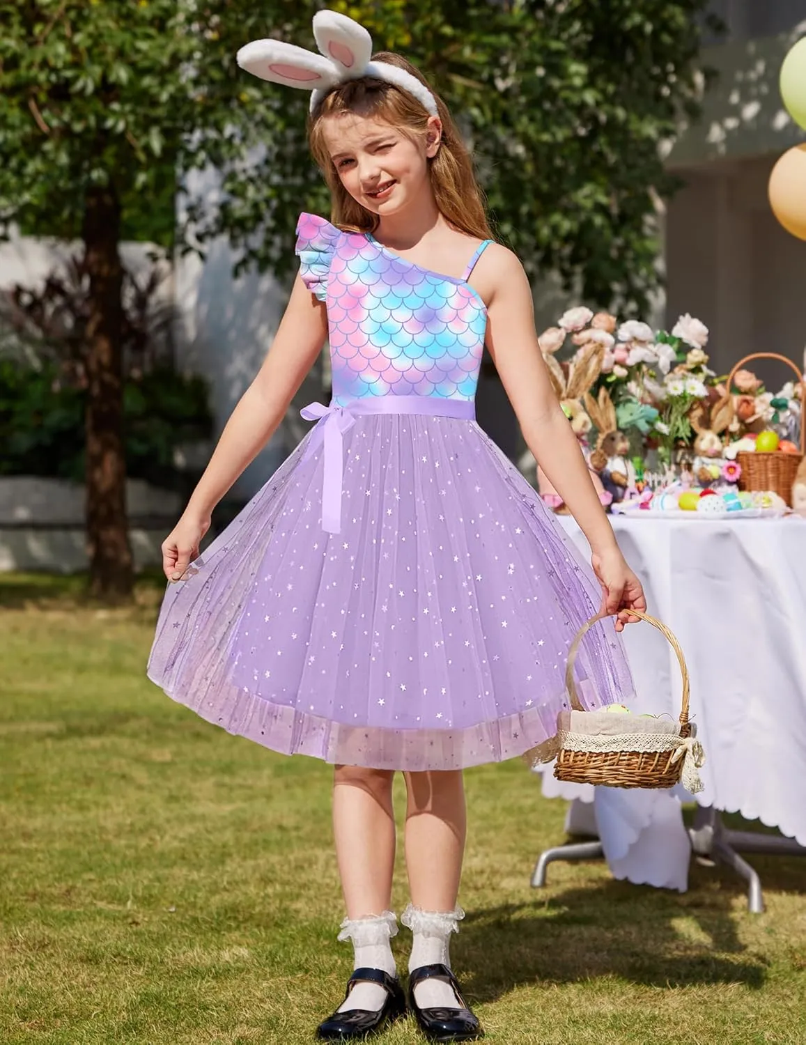 Arshiner Girls Dresses One Shoulder Ruffle Formal Tulle Dress