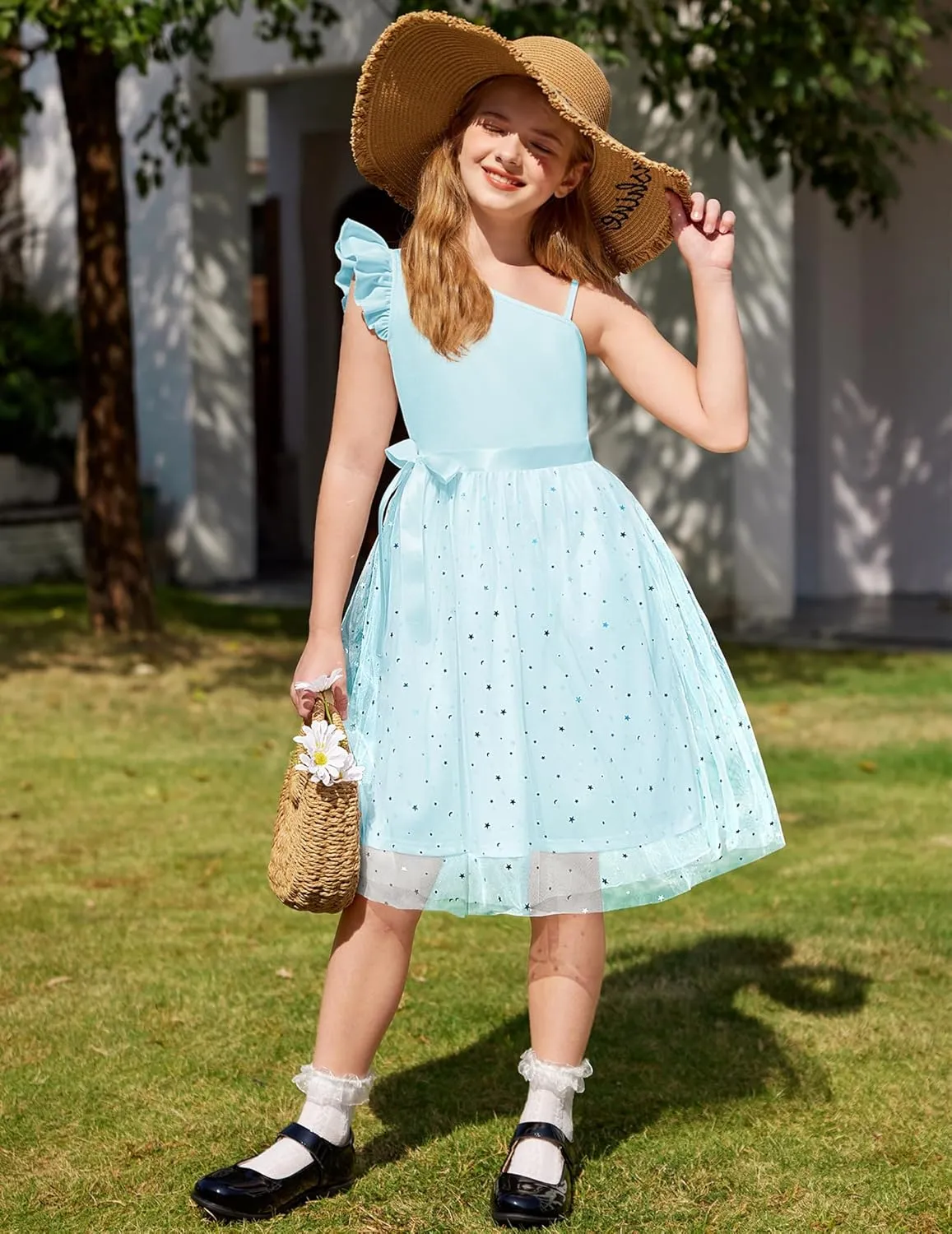 Arshiner Girls Dresses One Shoulder Ruffle Formal Tulle Dress