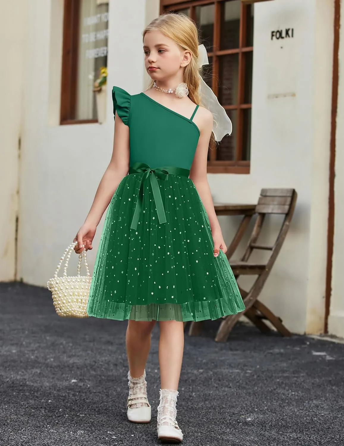 Arshiner Girls Dresses One Shoulder Ruffle Formal Tulle Dress