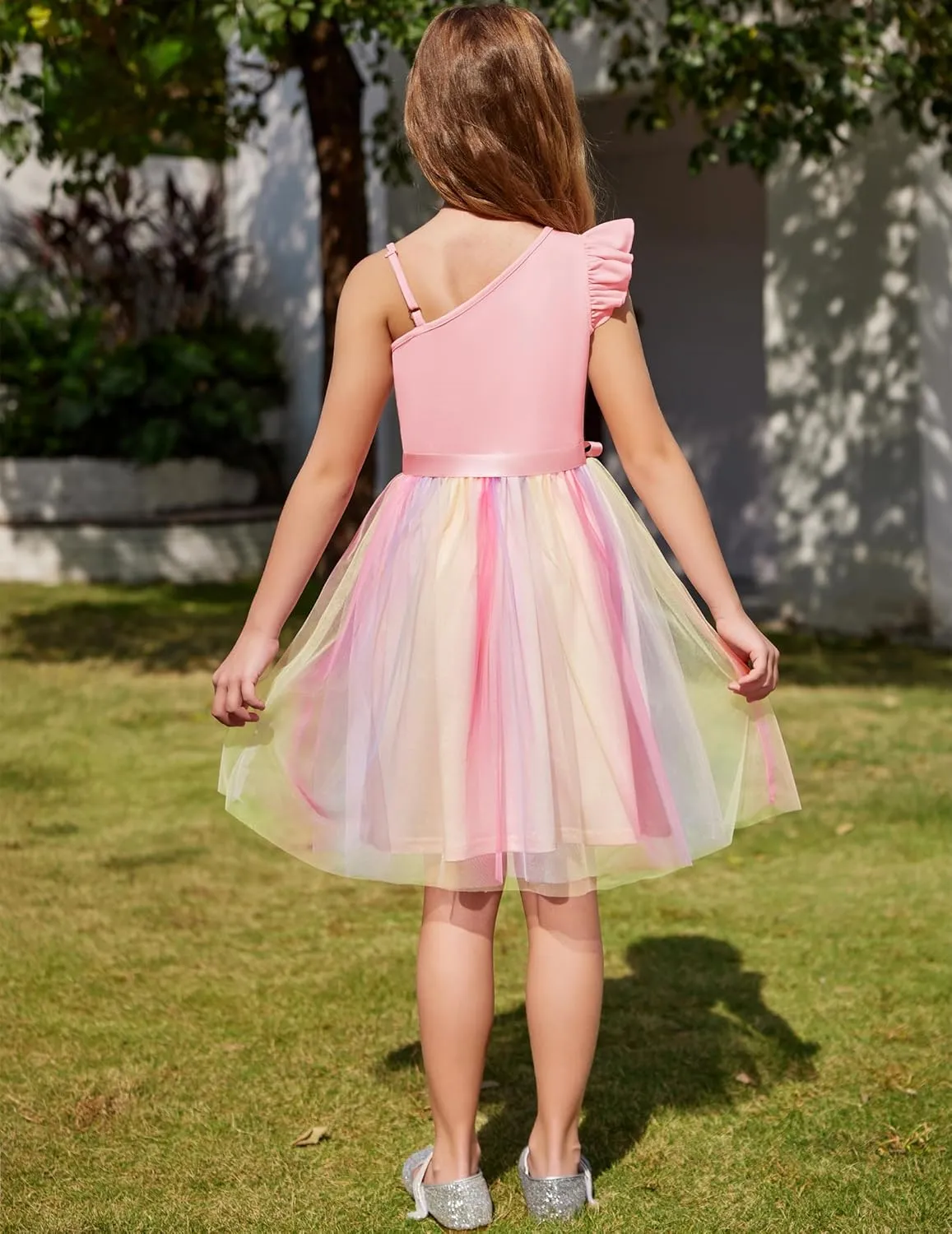 Arshiner Girls Dresses One Shoulder Ruffle Formal Tulle Dress