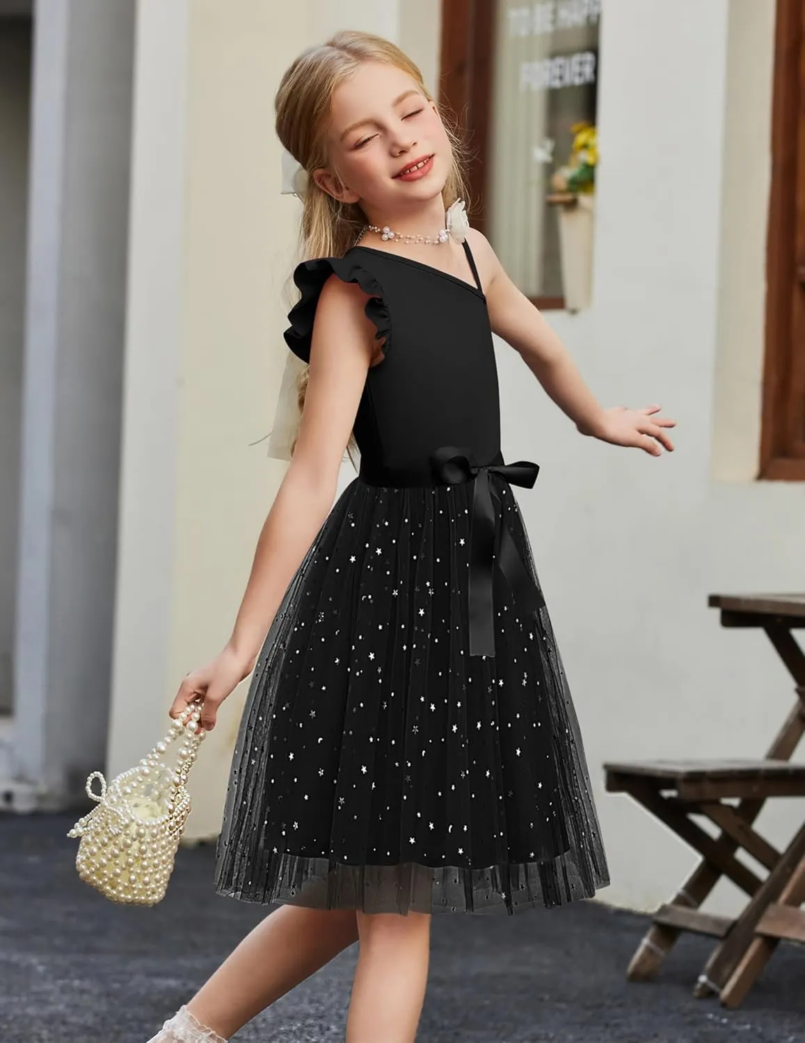 Arshiner Girls Dresses One Shoulder Ruffle Formal Tulle Dress