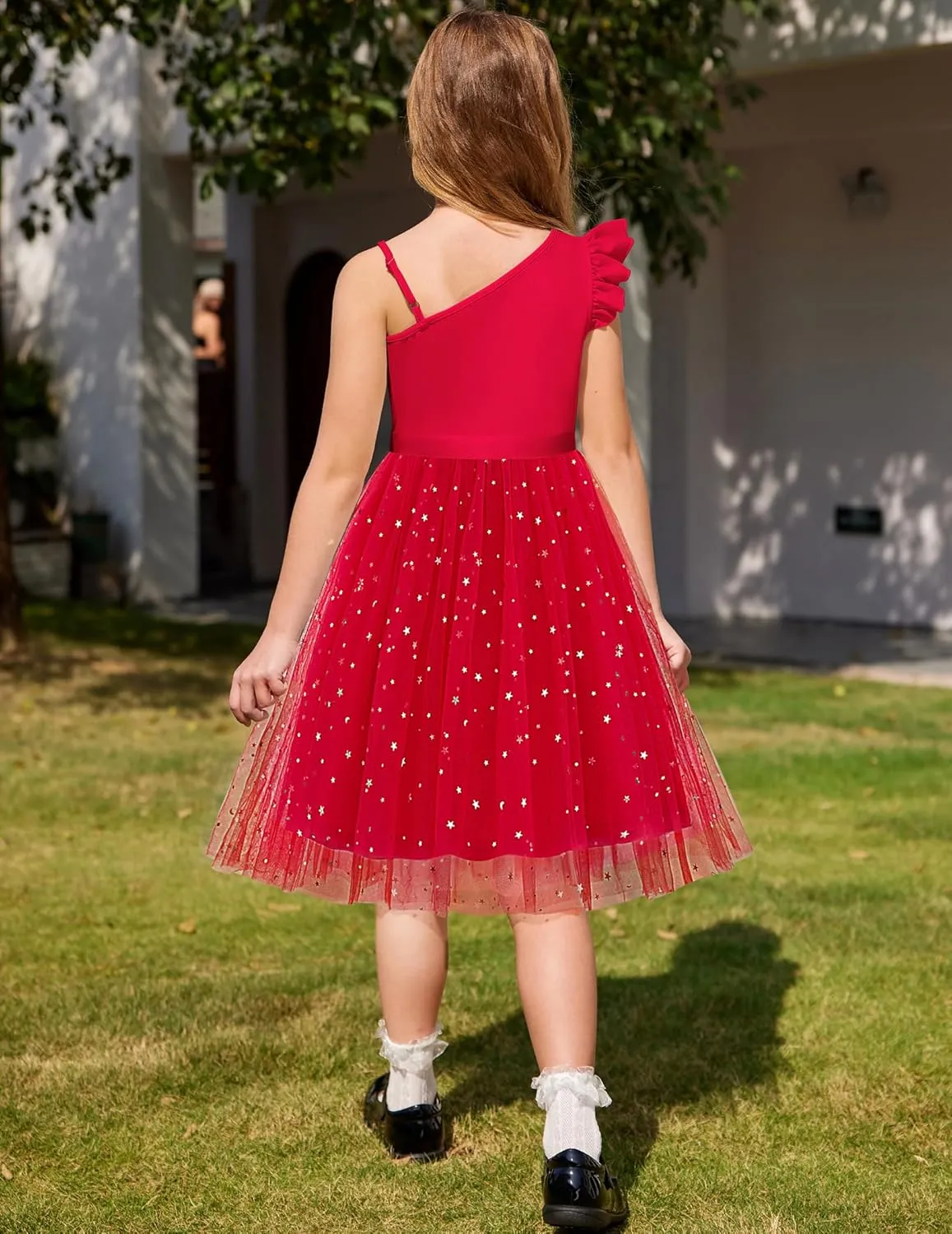 Arshiner Girls Dresses One Shoulder Ruffle Formal Tulle Dress