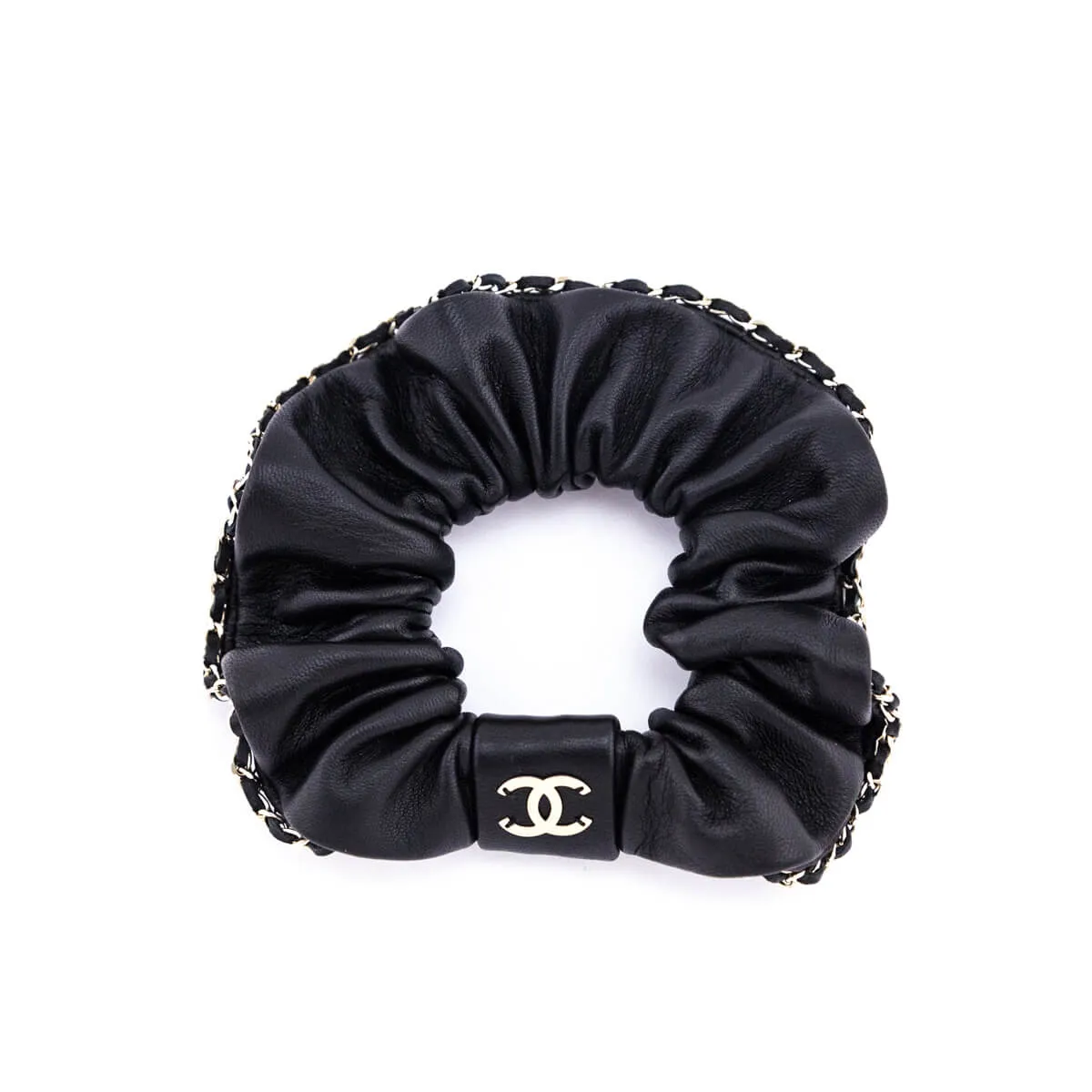 Chanel Black Leather & Chain CC Scrunchie