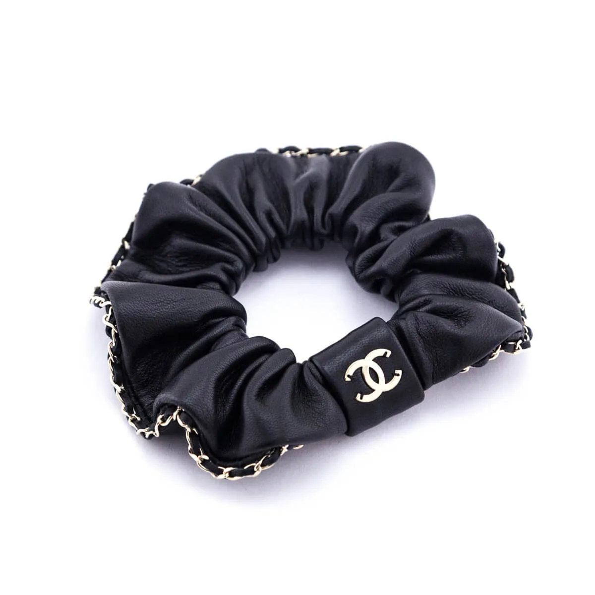 Chanel Black Leather & Chain CC Scrunchie
