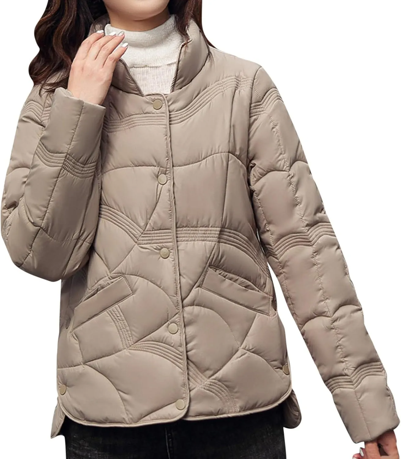 Fashion Solid Winter Button Padded Jacket for Womens Casual Loose Insulated Padded Coat Long Sleeve Pockets Overcoat