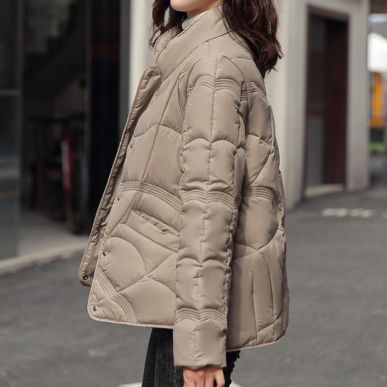 Fashion Solid Winter Button Padded Jacket for Womens Casual Loose Insulated Padded Coat Long Sleeve Pockets Overcoat