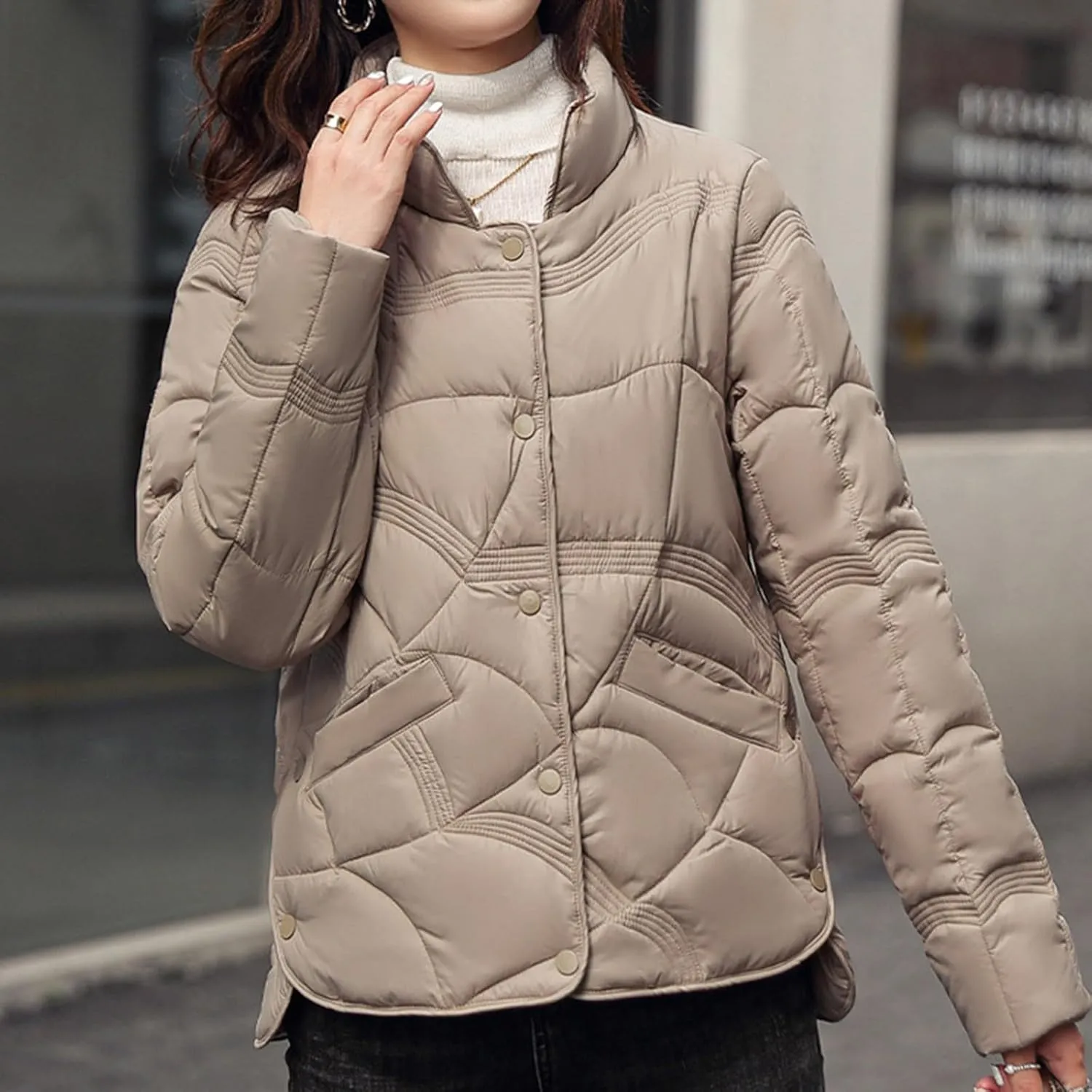 Fashion Solid Winter Button Padded Jacket for Womens Casual Loose Insulated Padded Coat Long Sleeve Pockets Overcoat