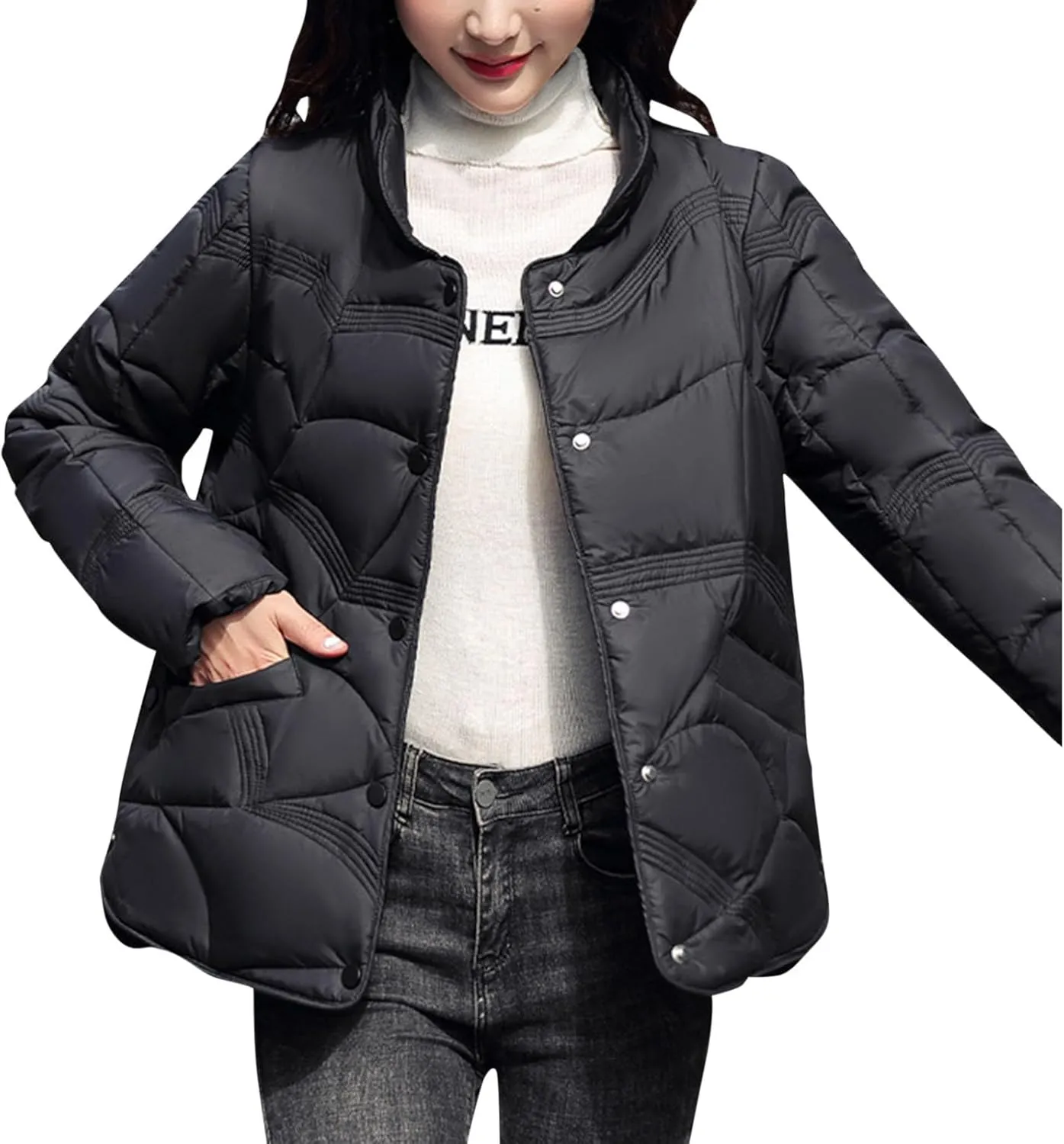 Fashion Solid Winter Button Padded Jacket for Womens Casual Loose Insulated Padded Coat Long Sleeve Pockets Overcoat