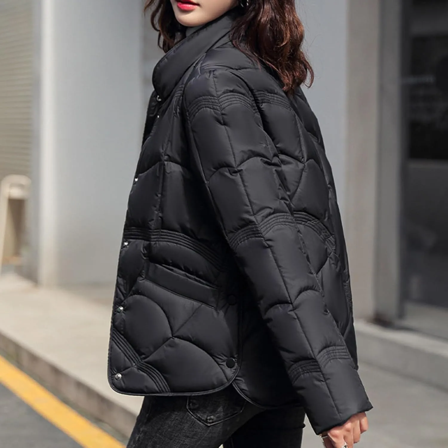 Fashion Solid Winter Button Padded Jacket for Womens Casual Loose Insulated Padded Coat Long Sleeve Pockets Overcoat