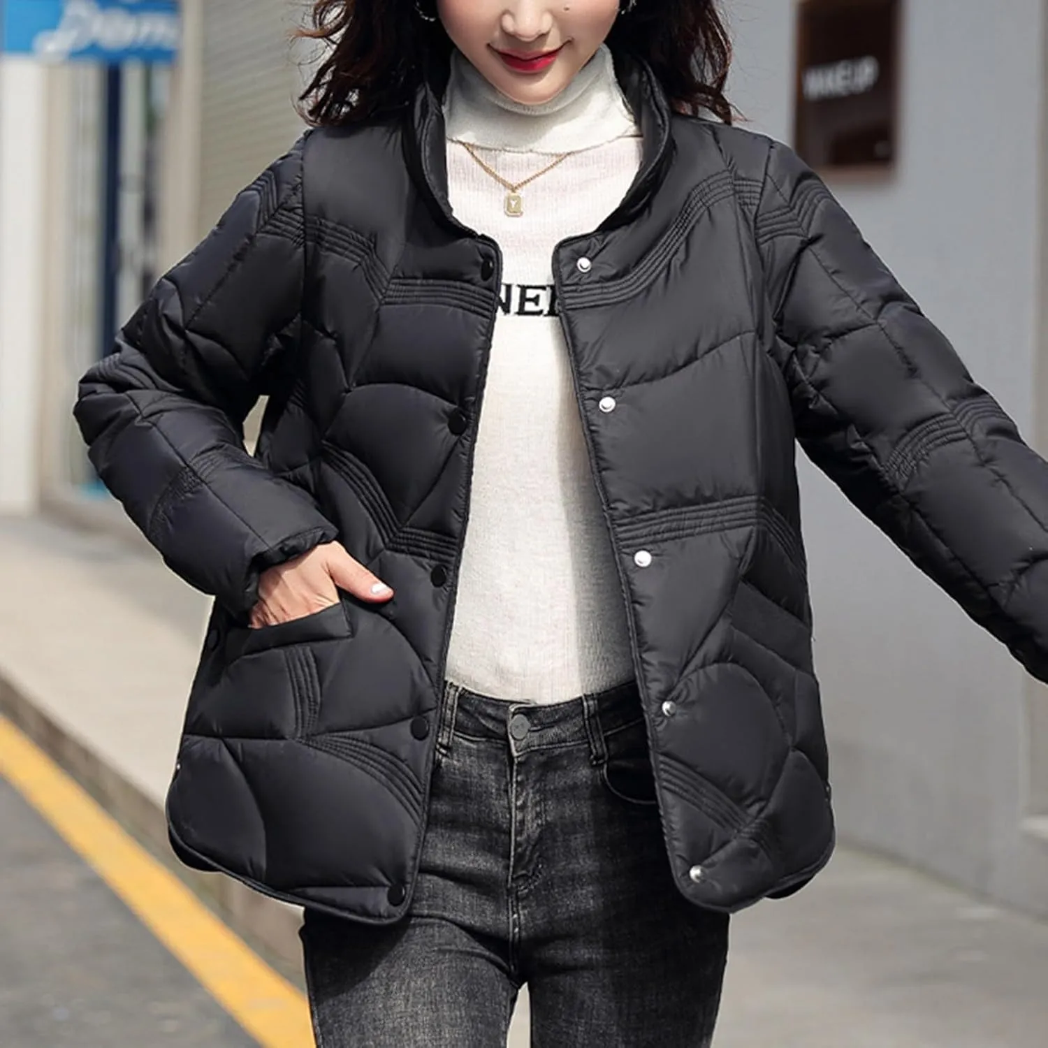 Fashion Solid Winter Button Padded Jacket for Womens Casual Loose Insulated Padded Coat Long Sleeve Pockets Overcoat