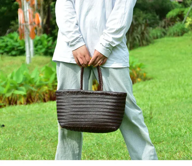 Genuine Leather Bag Weaving Casual Big Tote Purse Cowhide Handbags