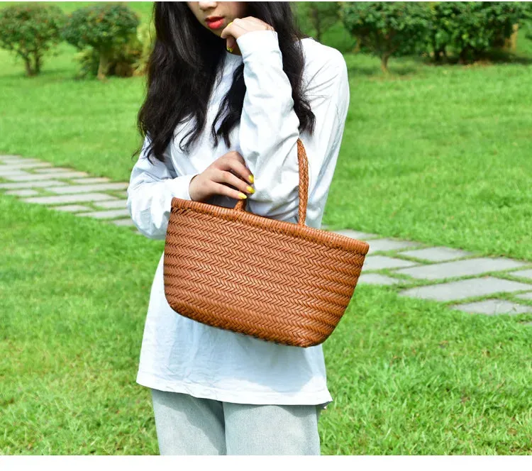 Genuine Leather Bag Weaving Casual Big Tote Purse Cowhide Handbags