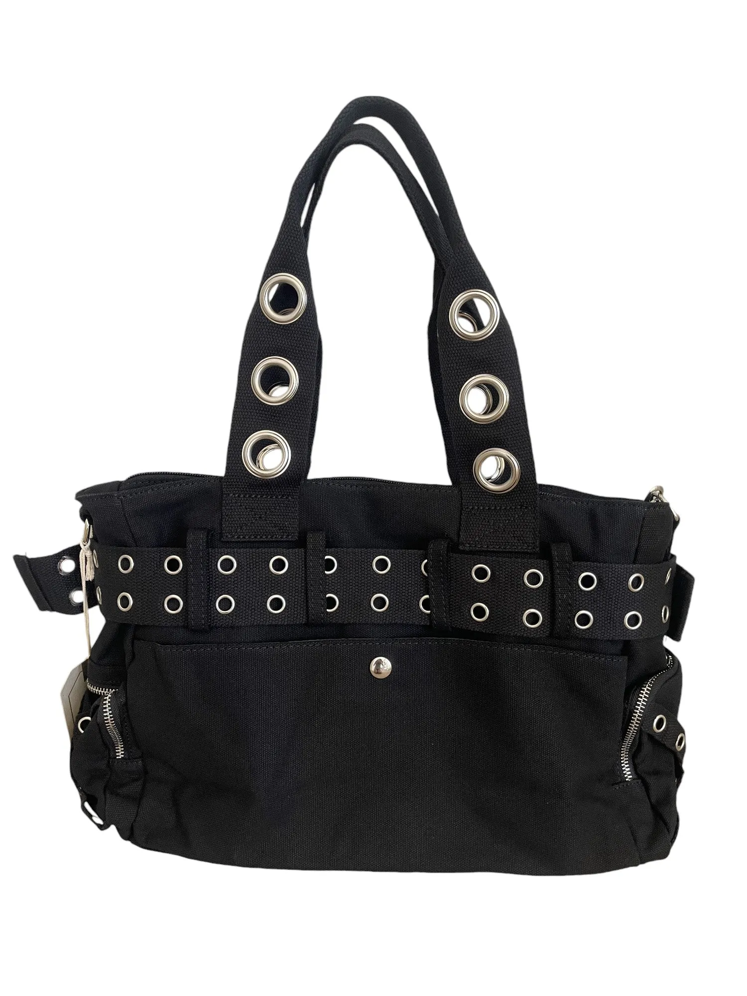 Lost Queen Black cotton canvas Grommet belt and handcuff charm Bag