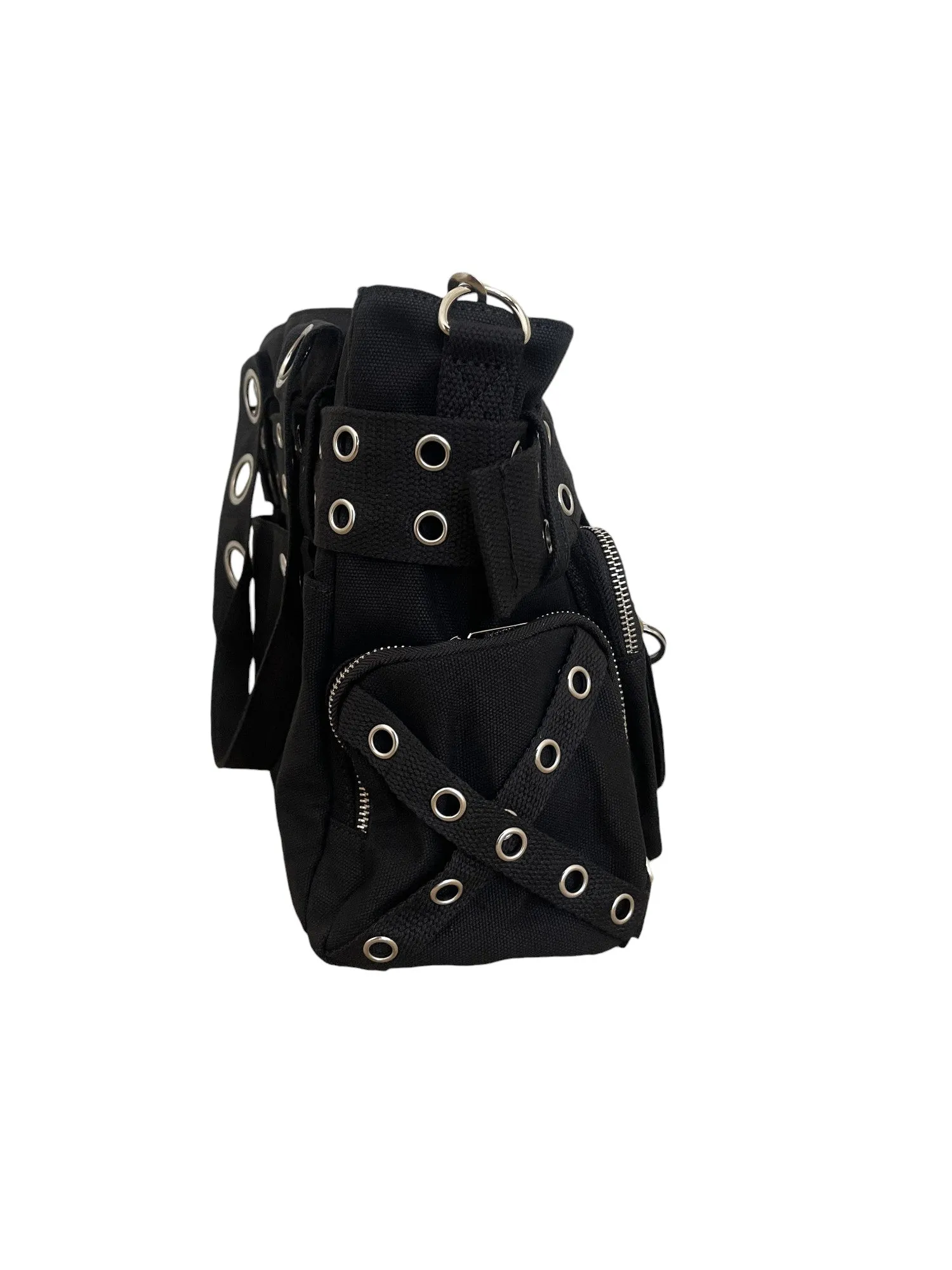 Lost Queen Black cotton canvas Grommet belt and handcuff charm Bag