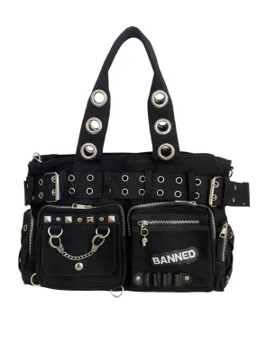 Lost Queen Black cotton canvas Grommet belt and handcuff charm Bag
