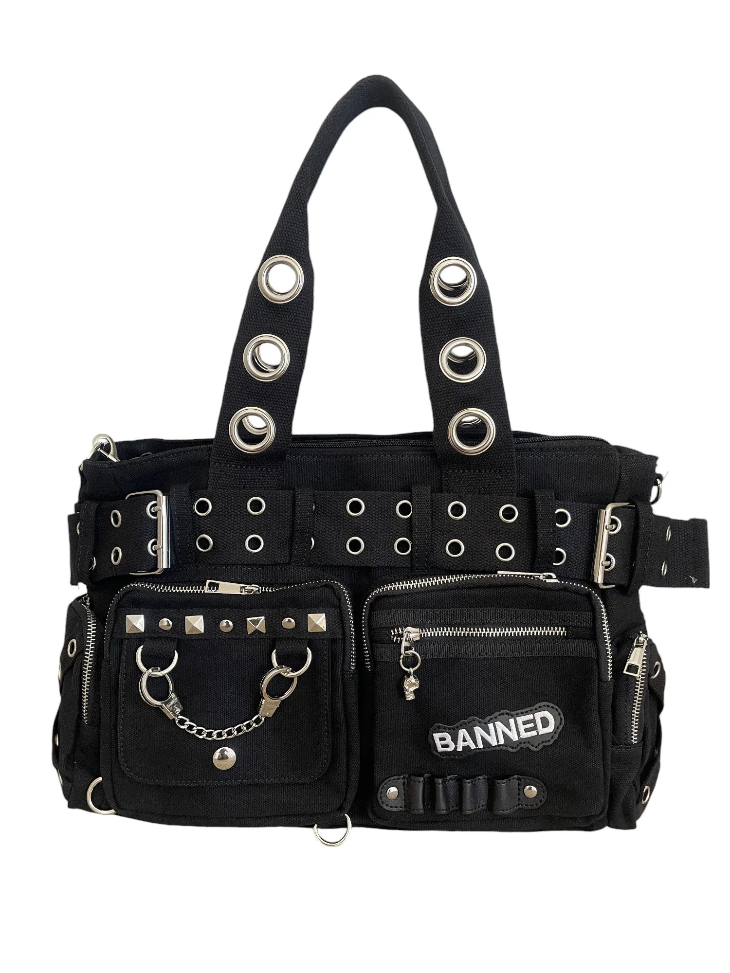 Lost Queen Black cotton canvas Grommet belt and handcuff charm Bag