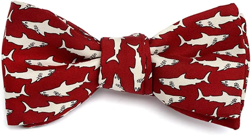 Men's Sharks Swimming Self-Tie Silk Bow Tie Red, Made in USA