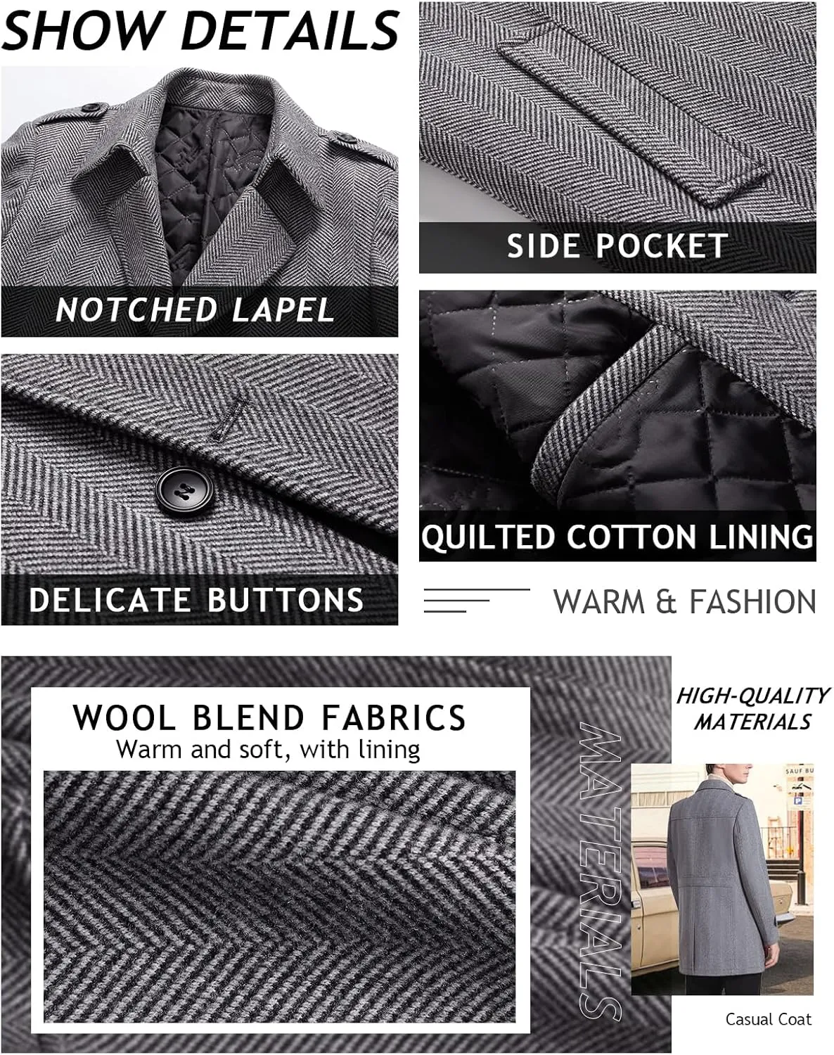 Mens Wool Blend Trench Coat Winter Business Lapel Collar Overcoat Single Breasted Gentlemen Stylish Classic Pea Coat