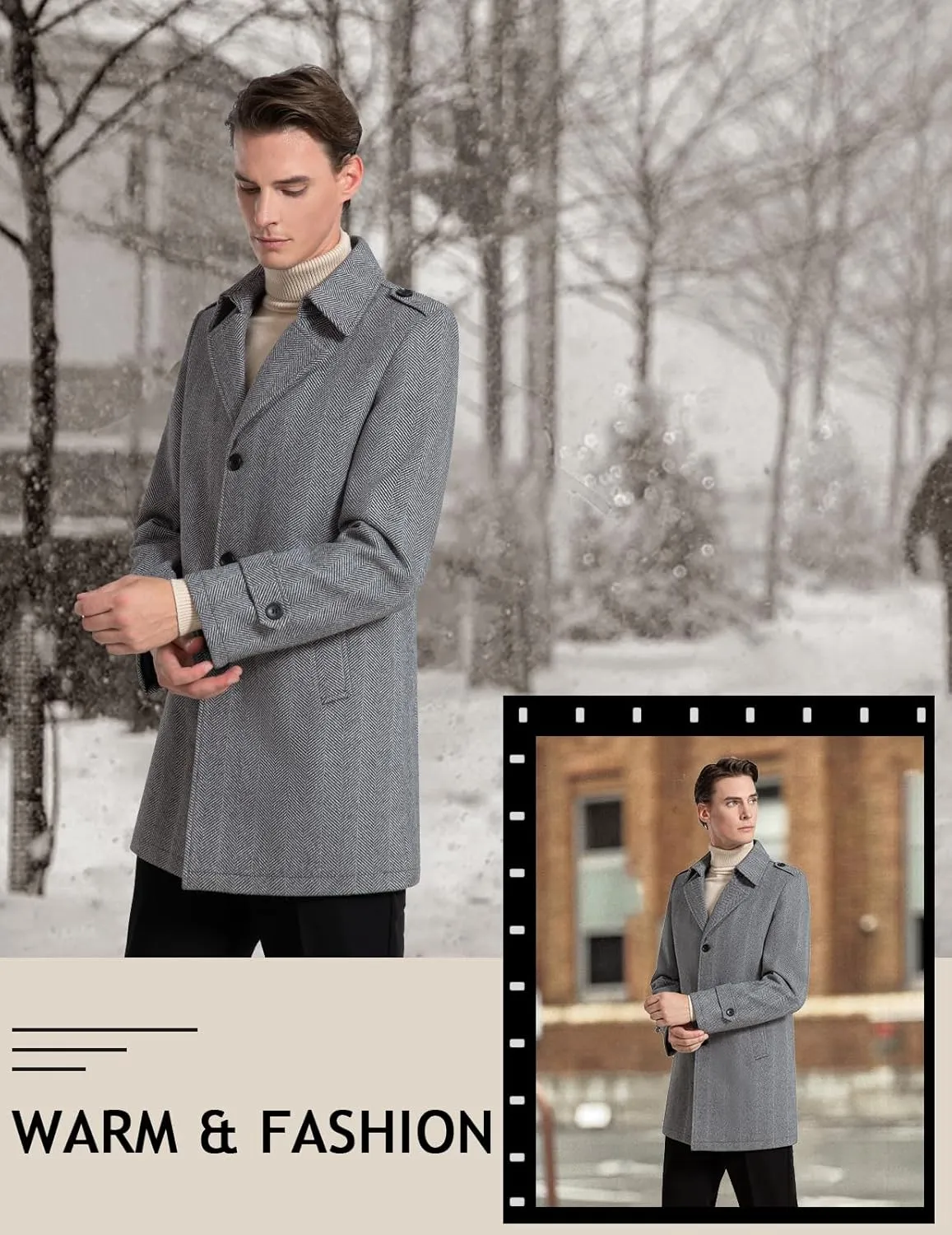 Mens Wool Blend Trench Coat Winter Business Lapel Collar Overcoat Single Breasted Gentlemen Stylish Classic Pea Coat