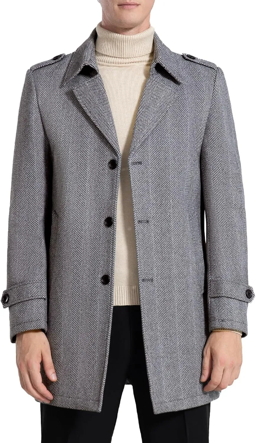 Mens Wool Blend Trench Coat Winter Business Lapel Collar Overcoat Single Breasted Gentlemen Stylish Classic Pea Coat