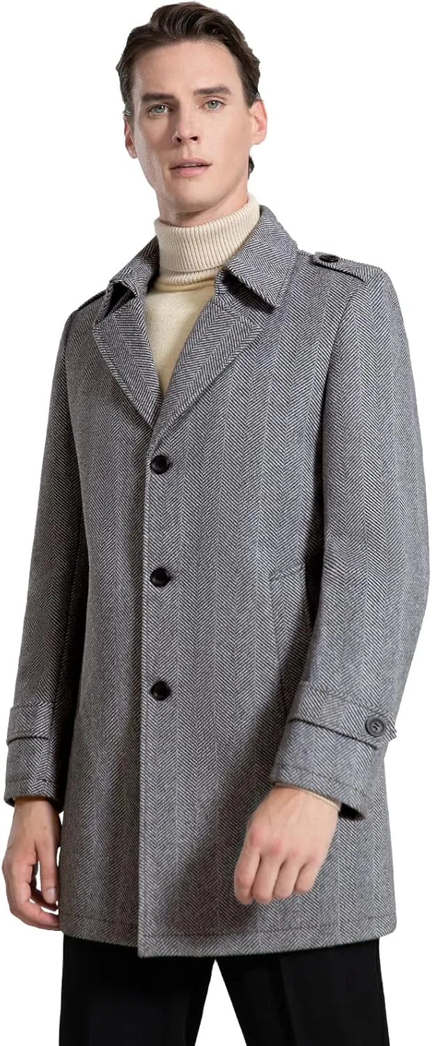 Mens Wool Blend Trench Coat Winter Business Lapel Collar Overcoat Single Breasted Gentlemen Stylish Classic Pea Coat