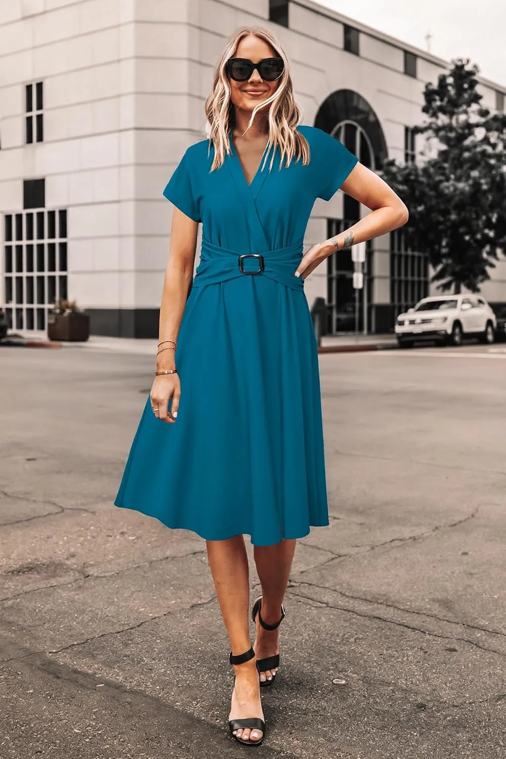 Newshows Women Button Down Tailored Fitted Shift Dress Free Wrinkle Wear to Work Business Casual Outfits Midi Office Clothes