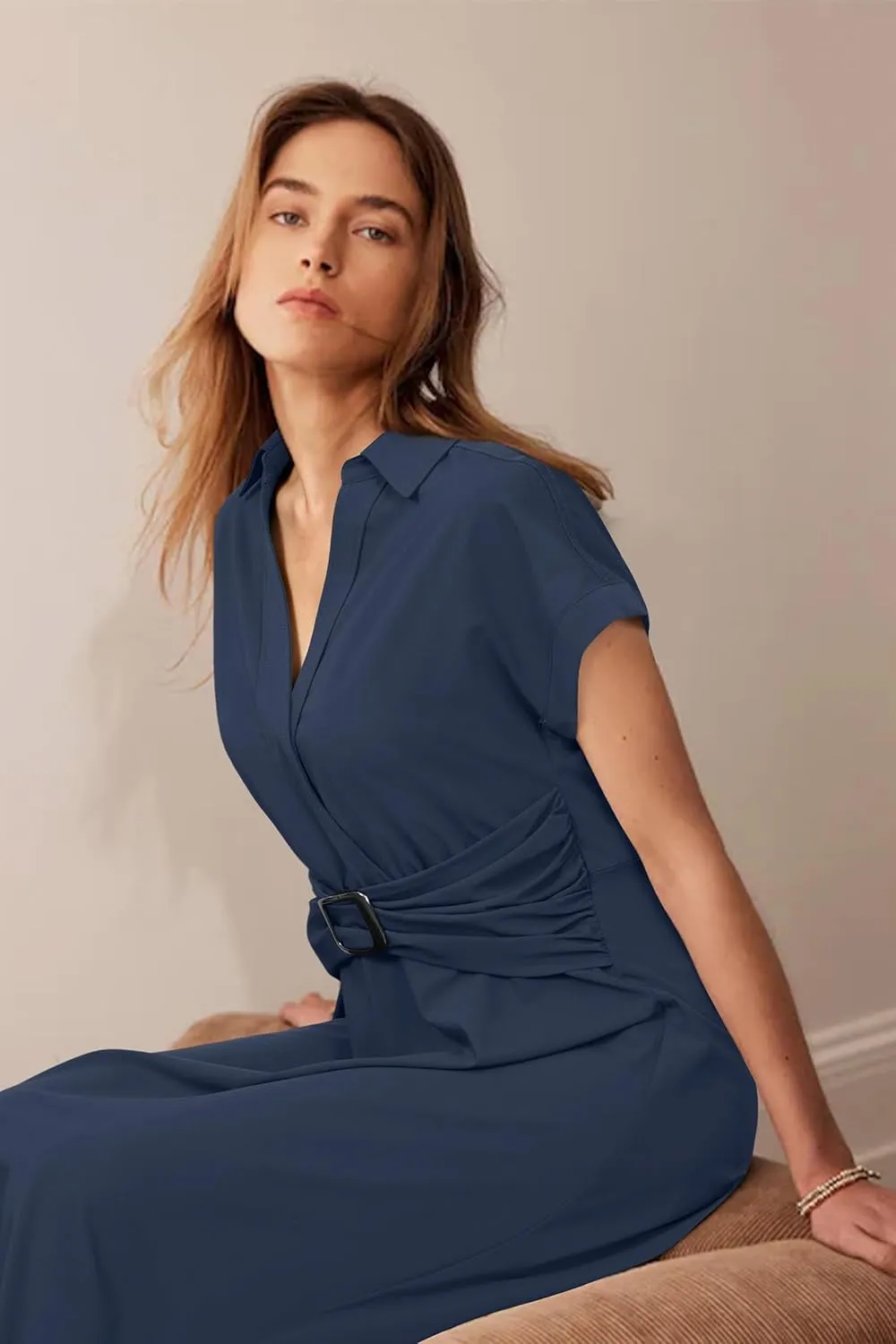 Newshows Women Button Down Tailored Fitted Shift Dress Free Wrinkle Wear to Work Business Casual Outfits Midi Office Clothes