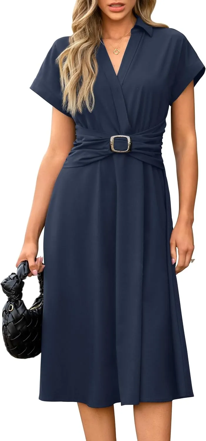 Newshows Women Button Down Tailored Fitted Shift Dress Free Wrinkle Wear to Work Business Casual Outfits Midi Office Clothes