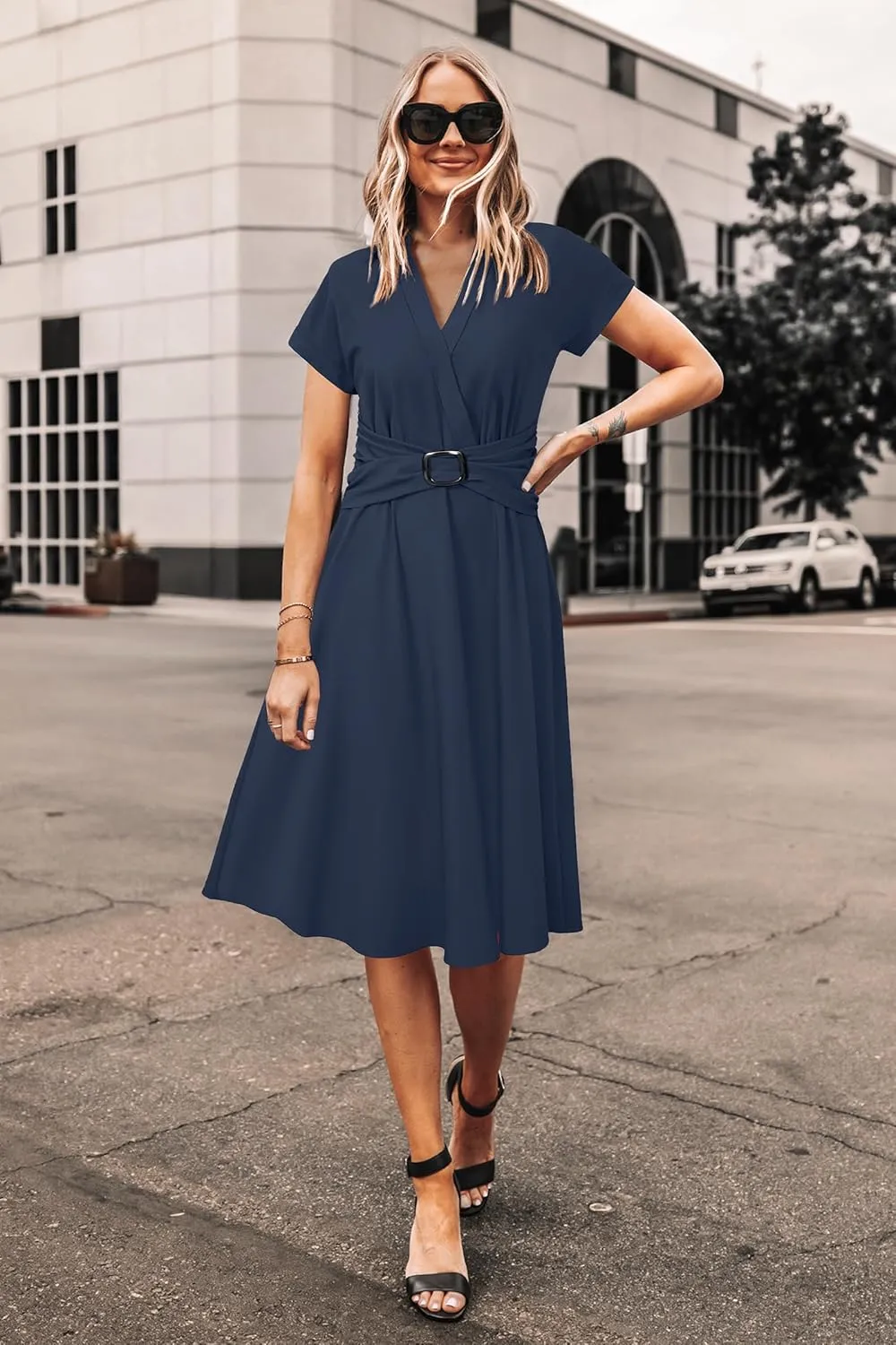 Newshows Women Button Down Tailored Fitted Shift Dress Free Wrinkle Wear to Work Business Casual Outfits Midi Office Clothes