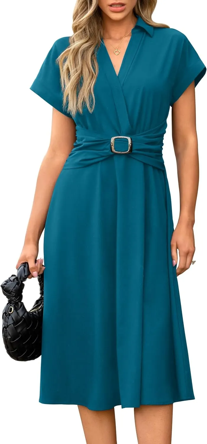 Newshows Women Button Down Tailored Fitted Shift Dress Free Wrinkle Wear to Work Business Casual Outfits Midi Office Clothes