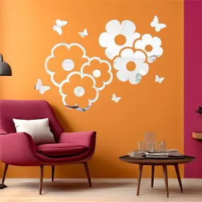 Rawpockets Flower and Butterfly Silver Mirror Sticker for Wall, 2mm Premium 3D Sticker, Acrylic Mirror Wall Decor Sticker, Wall Mirror Stickers, Wall Stickers for Hall Room, Bed Room, Kitchen