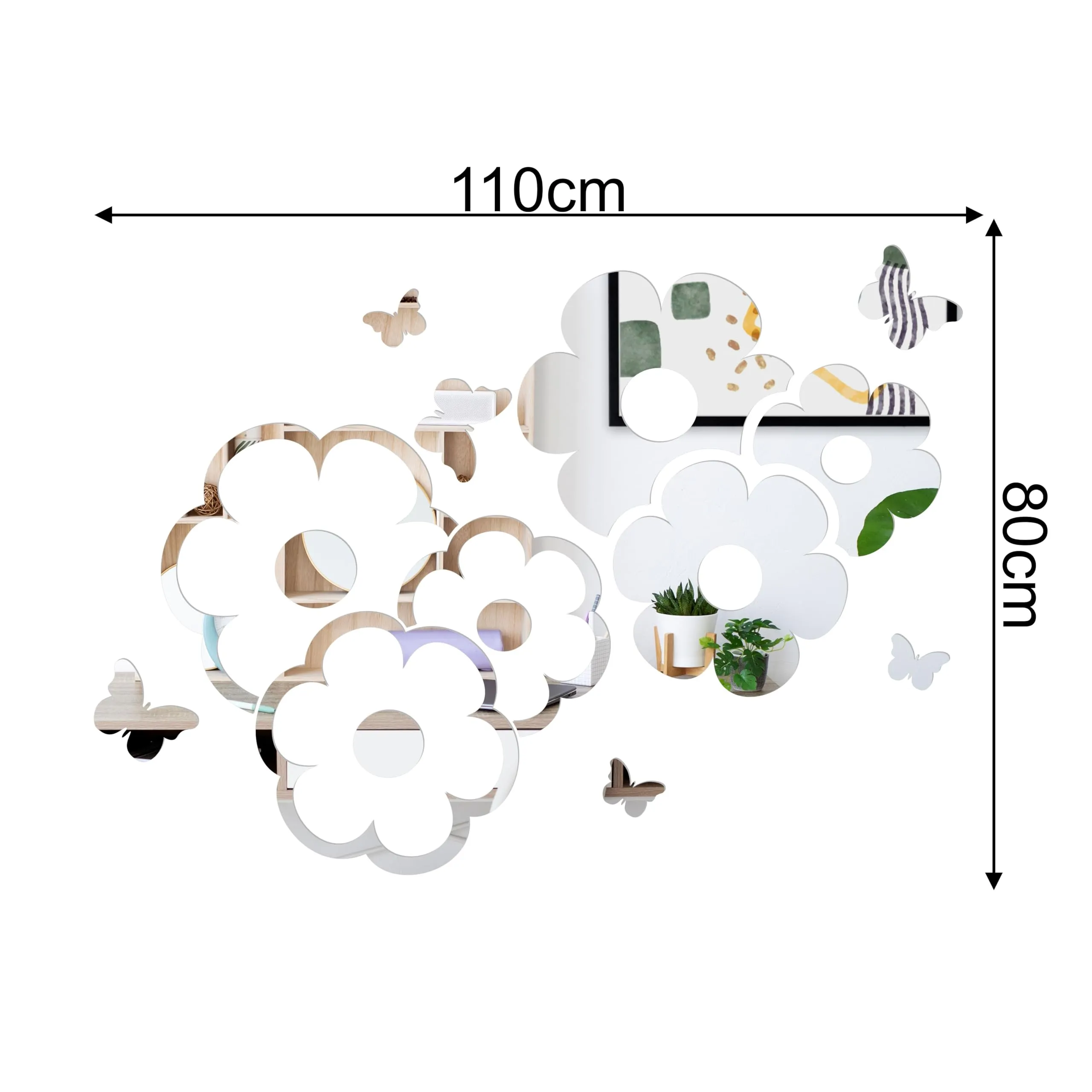 Rawpockets Flower and Butterfly Silver Mirror Sticker for Wall, 2mm Premium 3D Sticker, Acrylic Mirror Wall Decor Sticker, Wall Mirror Stickers, Wall Stickers for Hall Room, Bed Room, Kitchen