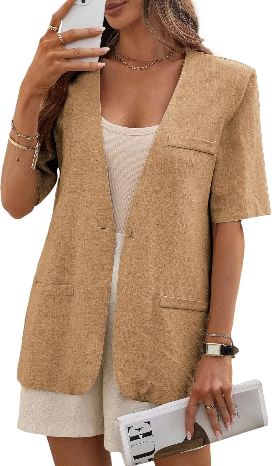 Short Sleeve Linen Blazer Women 2025 Summer Lightweight Breathable Collarless Beach Vacation Jacket with Pockets