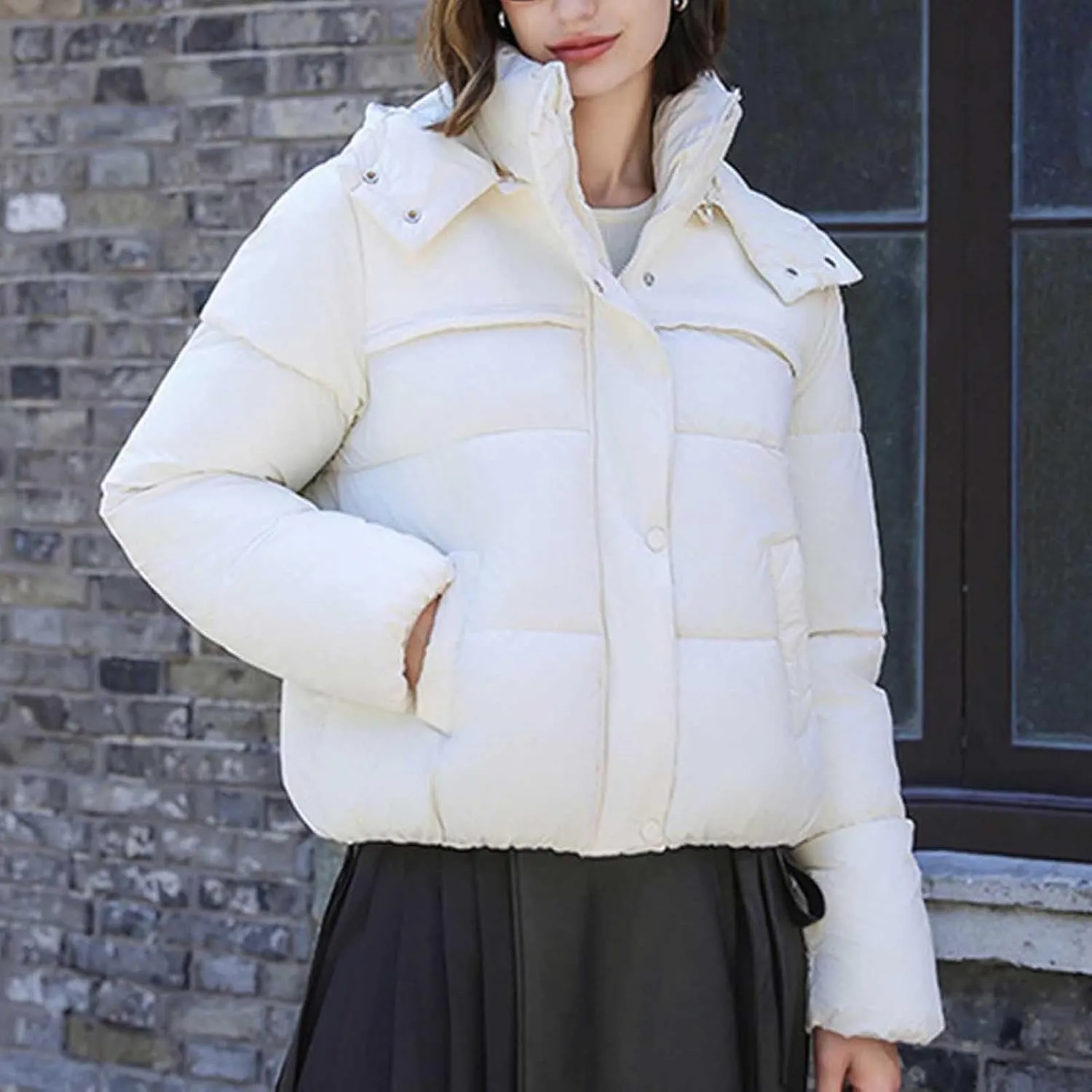 Women Padded down Jacket Cropped Quilted Puffer Jacket Winter Ladies Short Padded Coat Stand Collar Zip Hoodie Jacket