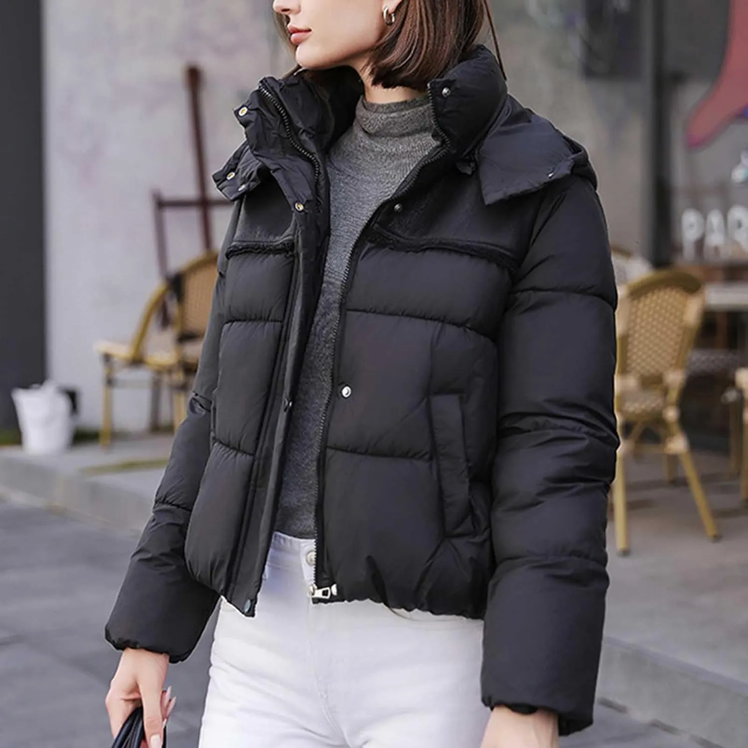 Women Padded down Jacket Cropped Quilted Puffer Jacket Winter Ladies Short Padded Coat Stand Collar Zip Hoodie Jacket