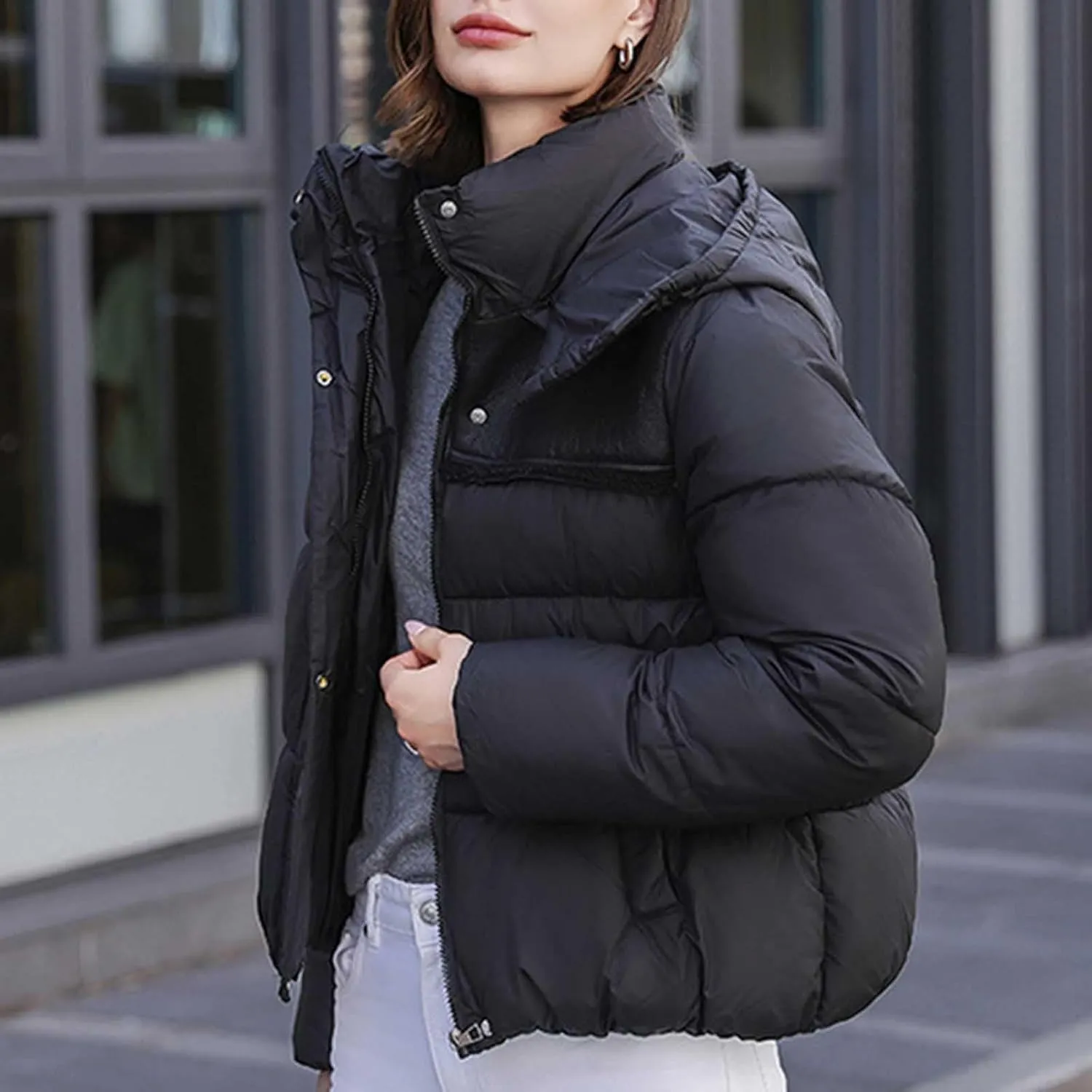 Women Padded down Jacket Cropped Quilted Puffer Jacket Winter Ladies Short Padded Coat Stand Collar Zip Hoodie Jacket