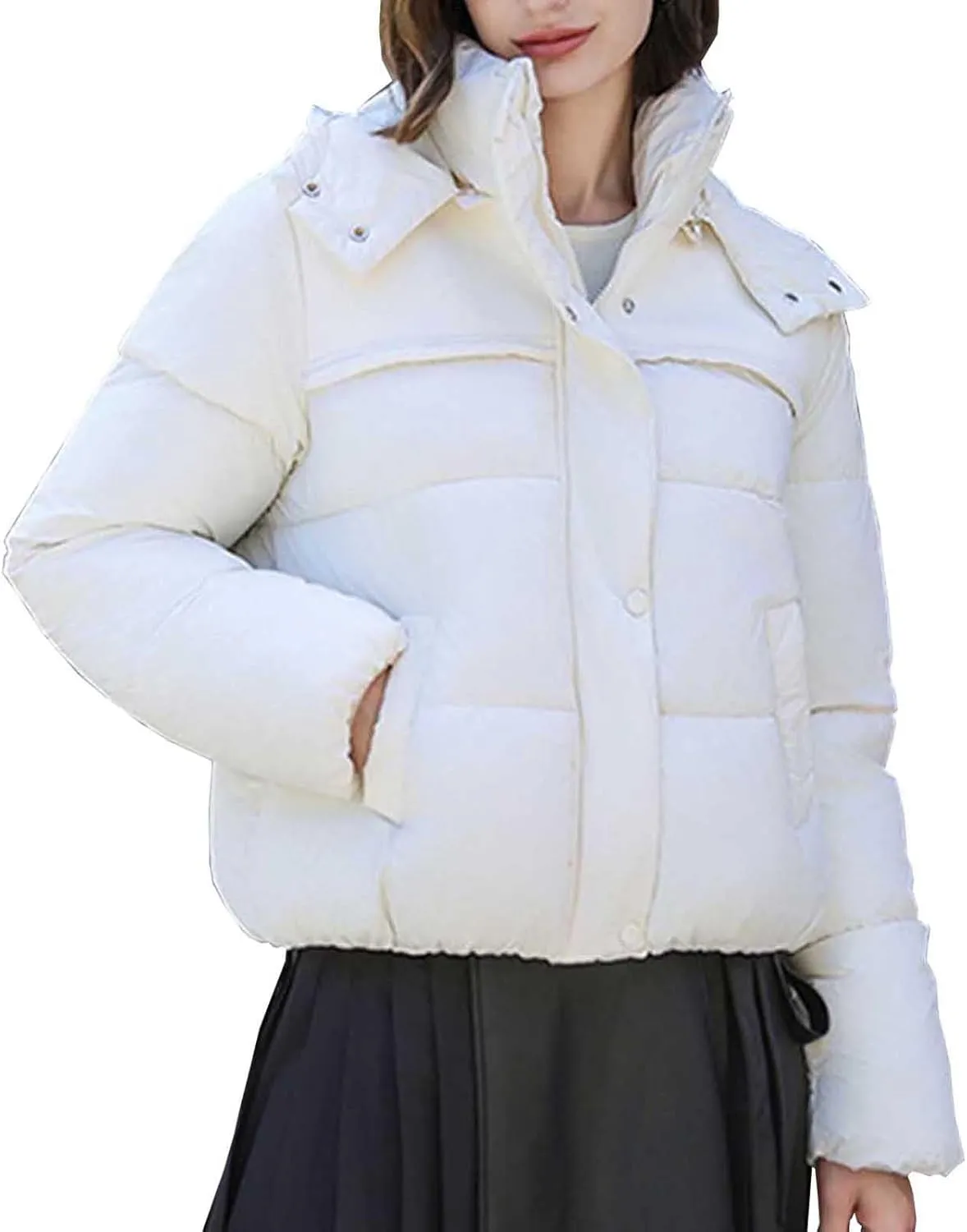 Women Padded down Jacket Cropped Quilted Puffer Jacket Winter Ladies Short Padded Coat Stand Collar Zip Hoodie Jacket