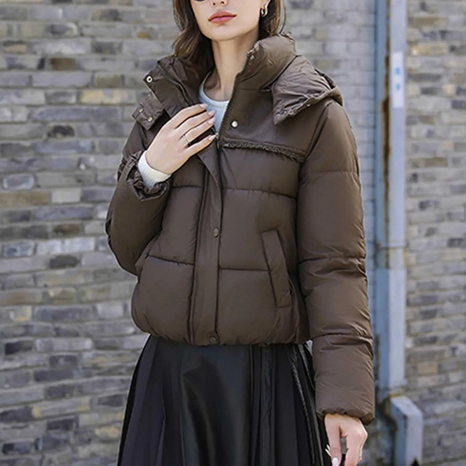 Women Padded down Jacket Cropped Quilted Puffer Jacket Winter Ladies Short Padded Coat Stand Collar Zip Hoodie Jacket