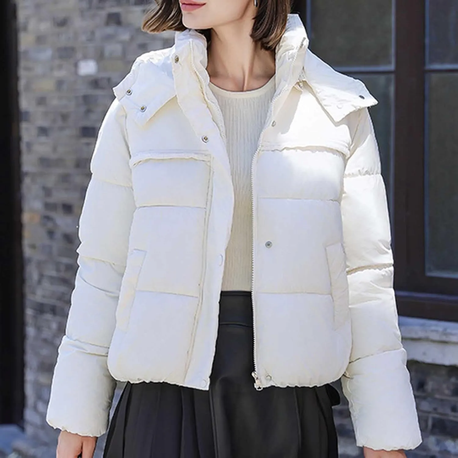 Women Padded down Jacket Cropped Quilted Puffer Jacket Winter Ladies Short Padded Coat Stand Collar Zip Hoodie Jacket