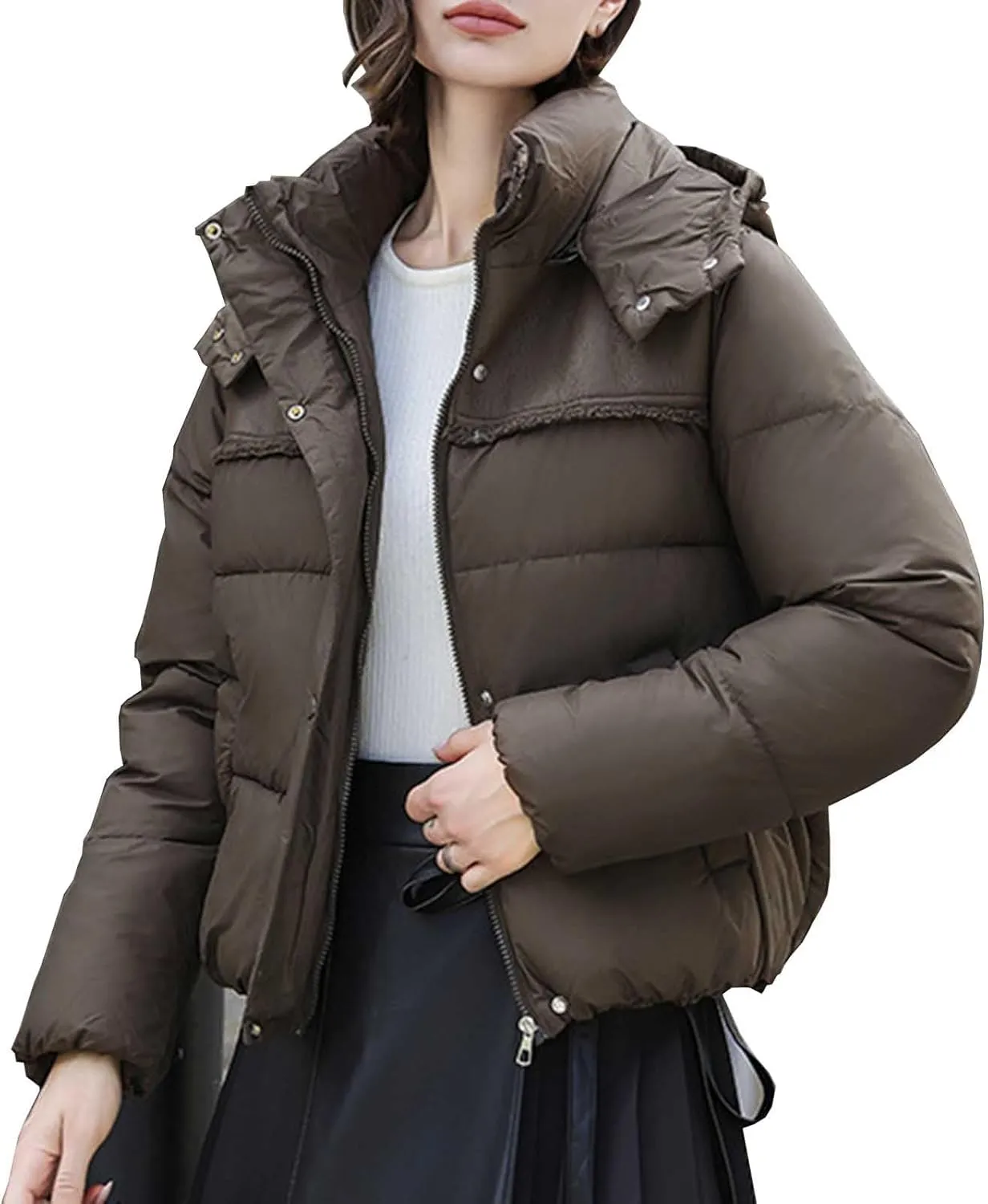 Women Padded down Jacket Cropped Quilted Puffer Jacket Winter Ladies Short Padded Coat Stand Collar Zip Hoodie Jacket