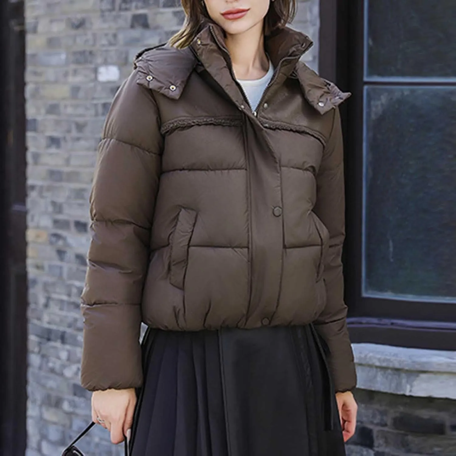 Women Padded down Jacket Cropped Quilted Puffer Jacket Winter Ladies Short Padded Coat Stand Collar Zip Hoodie Jacket